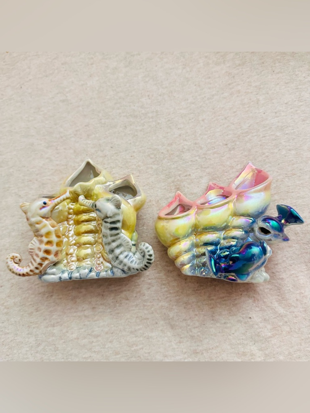 Iridescent Seahorse Ceramic Planter Pair - Yellow & Blue